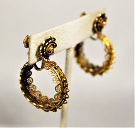 Fine Gold Over Sterling Silver Filigree Hoop Screw Back Earrings