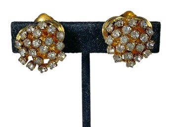 Fine Gold Tone White Rhinestone Clip Earrings