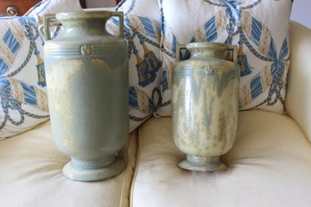 Pair Of Celadon And Beige Urns 21 And 16 High