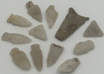 Large Grouping Of 12 Ancient Neolithic Native American Quartz Points- Several With Museum Catalog Numbers