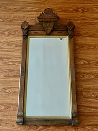 Heavy Weight Carved Dark Wood Mirror With Etched Detailing And Gold Frame Accent  52.5' Tall