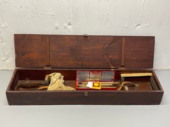 Vintage Wooden Box Rifle Storage With Gun Cleaning Kit And Leather Sling Strap