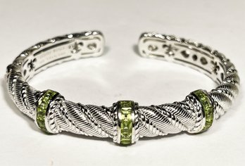 Judith Ripka Sterling Silver Cuff Bracelet Having Peridot Colored Gemstones `