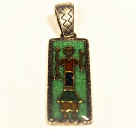 Signed Native American Sterling Silver Enamel Pendant With Figure