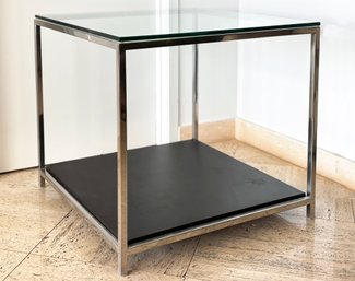 A Vintage 1970's Chrome And Glass Side Table In Style Of Poul Kjaerholm