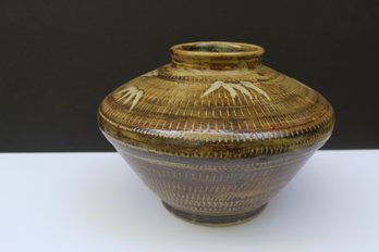 Hand Built Asian Pottery Vase With Bamboo Motif