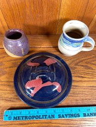 Handmade Pottery: Blue Covered Dish, Coffee Tea Mug Cup, Half Painted Stoneware Vessel