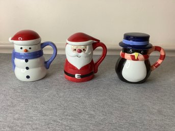 ND Hand Painted Lidded Mugs Set Of 3- Snowman, Santa, Penguin