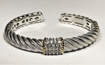 Sterling Silver Judith Ripka Cuff Bracelet Having White Stones And Gold Overlay In Center`