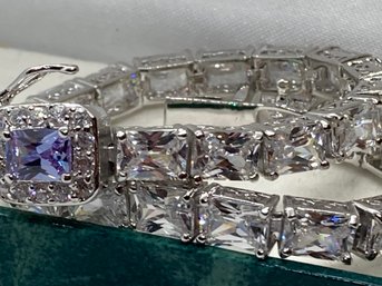 Fine Signed Sterling Silver Panel Bracelet- Faceted White Topaz And Amethyst Gemstones- Suzanne Somers