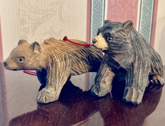 2 Hand Carved Bear Ornaments With Glass Eyes