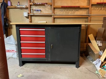 A Great Workbench With A Veneered Top & Metal Cabinet Base