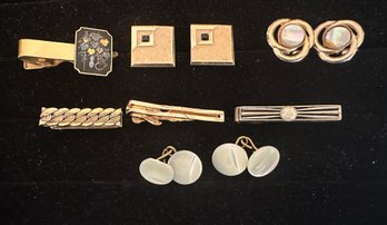 Gold Tone And Mother Of Pearl Cufflinks (3 Pair) And Four Tie Clips