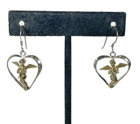 Pair Sterling Silver Heart And Cherub Pierced Earrings