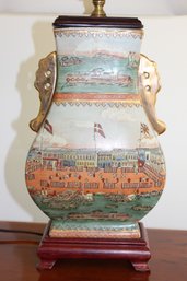 Chinese Tea Lamp. Decorative Porcelain Rectangular 14 High Vase On Wood Stand With Rectangular Pleated Shade