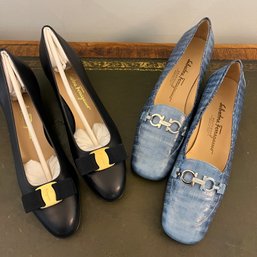 A Duo Of Navy And Crocodile Ferragamo Heels - Size 9 AA - Brand New!