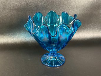 A Striking Vintage Footed Bowl With A Ruffled Rim In Peacock Blue