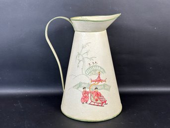 A Vintage Metal Toleware Pitcher With An Asian Scene