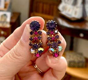 Vintage Purple Pink Rhinestone Clip Earrings