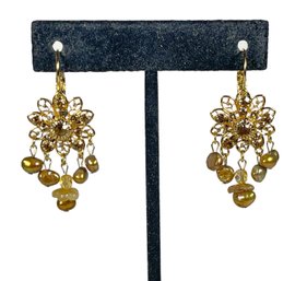 Pair Signed Gold Tone Kirks Folly Fancy Rhinestone Pierced Earrings