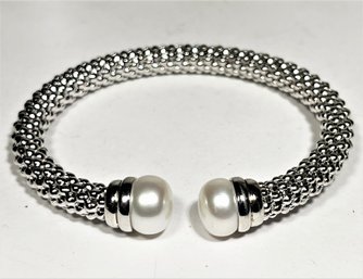 Contemporary Silver Over Bronze Genuine Cultured Pearl Cuff Bracelet