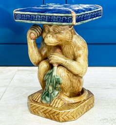 A Vintage Ceramic Monkey Cocktail Table Or Plant Stand - After Bill Huebbe