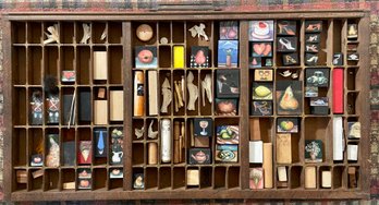 Vintage Printers Drawer Filled With Miniature Artworks By Patti Hirsch (American, 1935-2023)