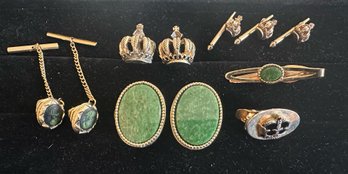 Gold Tone And Green Stone Tie Pins, Clips And Cufflinks