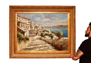 Unknown Artist, Oil Painting Of Mediterranean Whitewash Villas On The Sea, Gold Guilt Frame