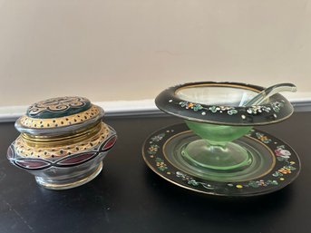 Handpainted  Hinged Lidded Bowl And 3 Pc. Handpainted Condiment Set