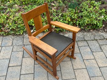 Antique Arts And Crafts Mission Oak Childs Rocker With Stickley Style H-Back