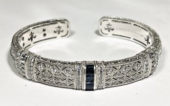 Fine Judith Ripka Sterling Silver Dark Blue And White CZ Stones Cuff Bracelet