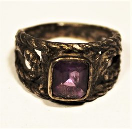 Crudely Crafted Sterling Silver Ring Having Amethyst Stone Size 8.5