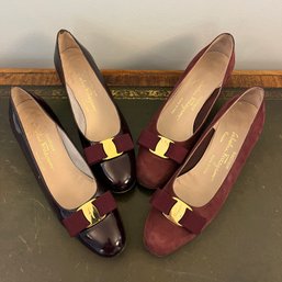 Two Pairs Of Plum Colored Ferragamo Heels - Size 9 AA