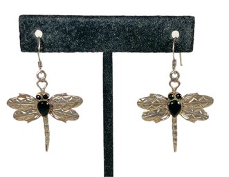 Pair Sterling Silver Black Onyx Dragonfly Pierced Earrings