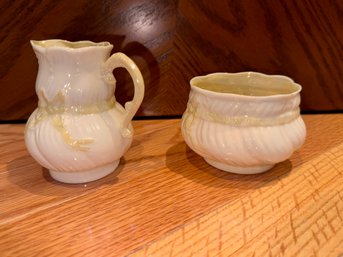 Vintage Belleek Ireland Porcelain Creamer And Sugar Set With Iridescent Yellow Ribbon - Green Stamp 1955-1965