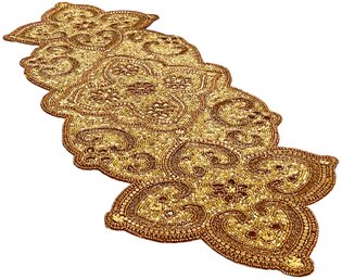 Ornate Vintage Gold & Tan Beaded Table Runner