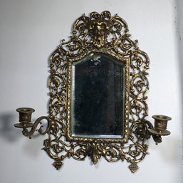 Fabulous Antique Bronze Mirror / Candle Sconce With Drop Crystals - Very Nice Piece - Beveled Mirror - Wow !