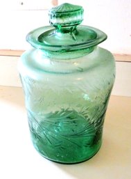 Green Depression Hand Blown Covered Glass Jar