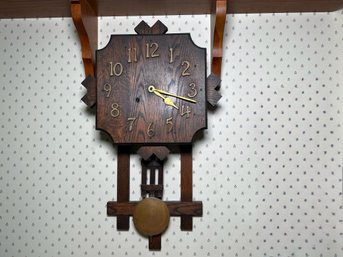 Antique 1910 Wooden Mission Style Wall Clock With Key