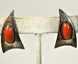 Modernist Sterling Silver Earrings Ear Clips Having Coral Stones (one Stone Is Loose)