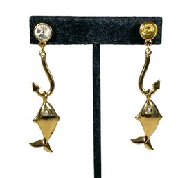 Pair Gold Tone Pierced Earrings By Bijoux Designs, New York Fish On Hook