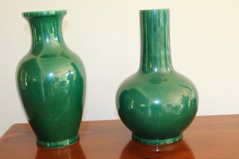 Pair Of 14  Inch Green Porcelain Chinese Vases