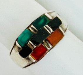STERLING SILVER ONYX AND CARNELIAN DECO STYLE RING