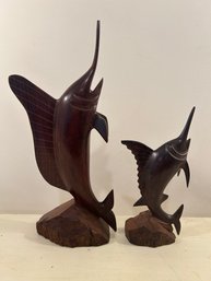 Vintage Pair Of Ironwood Handcarved Sailfish Sculptures - Made In Mexico