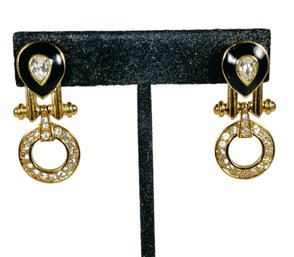 Pair Vintage Trfiari Gold Tone Rhinestone Black Enamel Pierced Earrings