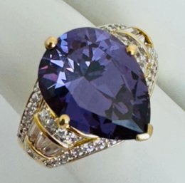 GORGEOUS GOLD OVER STERLING SILVER COLOR CHANGING PURPLE SPINEL PEAR SHAPED RING WITH WHITE STONES