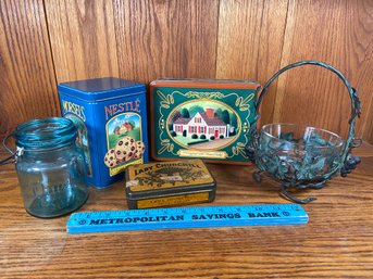 Tins Glass Metal Decor: Nestle Toll House Cookies Limited Edition, Lady Churchill Cigar Tin, Blue Jar, Basket