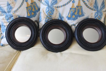 Set Of 3 Decorative Round Mirrors 9 Diameter   Dark Wood With Gold Beading