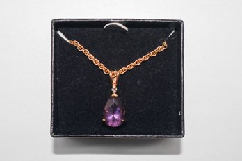 Amethyst And Diamond Pendant W/ Gold Plated Chain